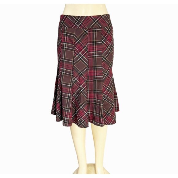 KENAR Brown & Red Plaid Flared Flounce Hem Long Skirt Stretch‎ Academia Corpcore - Picture 8 of 14